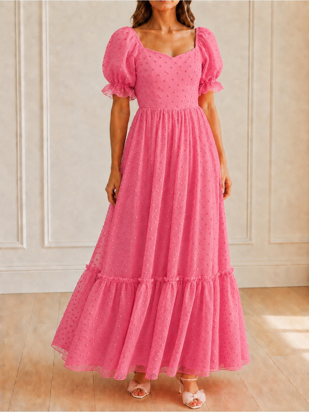 Ivy City Co Wonderland Dress Size Small Pink Hearts Puff Sleeve Tiered Maxi Gown